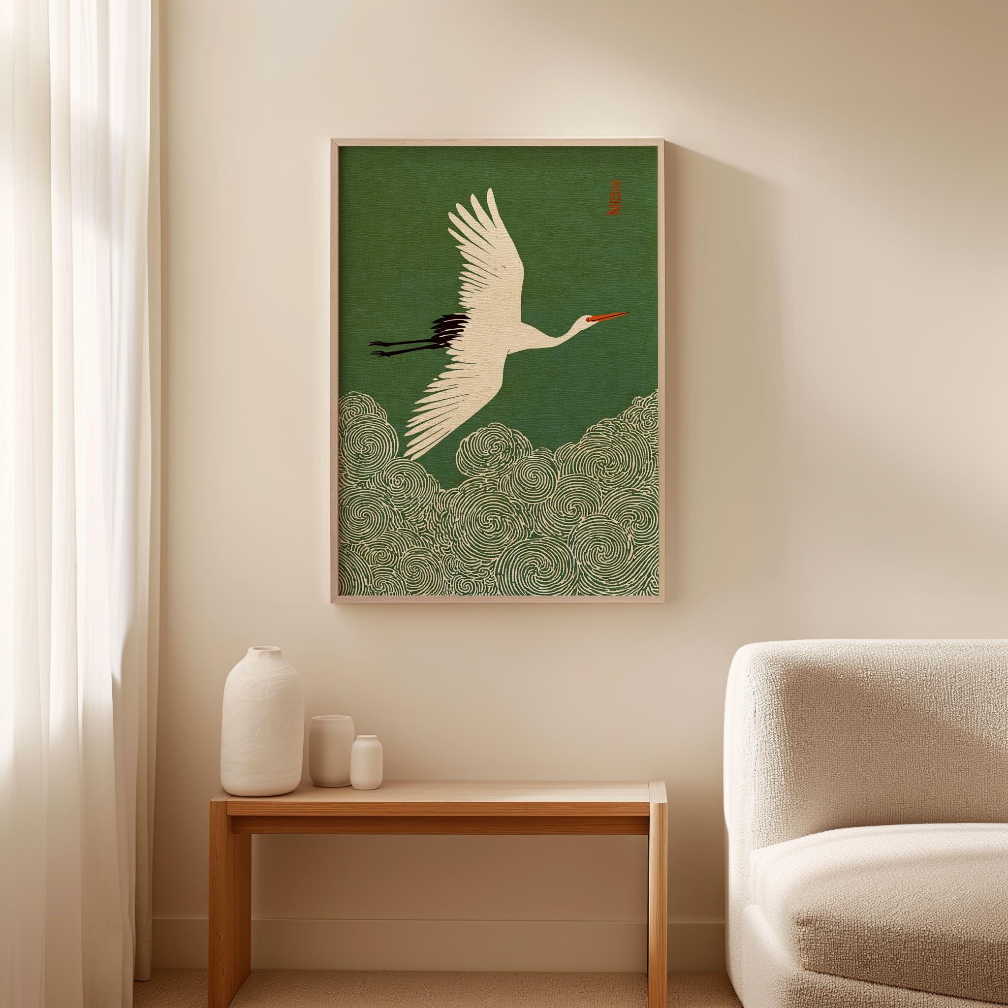 Japanese Crane in Swirling Cloud Skies, Woodblock-style Poster - Etsy