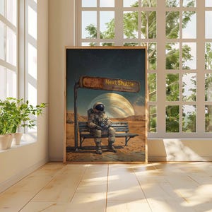 Op de afbeelding: Een digitale kunstprint met een astronaut die op een bankje op een rode planeet zit. De astronaut draagt een wit ruimtepak met een blauwe vizier. Het bankje is van hout en heeft een bord erboven met de tekst "Next Shuttle - South Island".