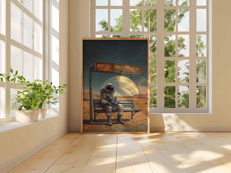 Op de afbeelding: Een digitale kunstprint met een astronaut die op een bankje op een rode planeet zit. De astronaut draagt een wit ruimtepak met een blauwe vizier. Het bankje is van hout en heeft een bord erboven met de tekst "Next Shuttle - South Island".