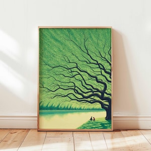 Riesiges grünes Baum Poster, friedliche Natur Wand Kunst Druck, ruhige Landschaft Illustration, beruhigende Baum Szene Dekor für Schlafzimmer oder Wohnzimmer