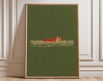 Póster minimalista de tigre nadando, arte mural de la selva