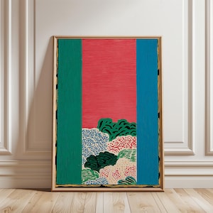 May include: Abstract art print in a wooden frame. The artwork features a central red panel flanked by green and blue vertical stripes. The bottom of the artwork has a landscape of colorful, stylized trees and bushes. The frame has a gold border.
