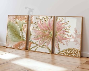 Vintage Botanical Wall Art Set of 3, Cottagecore Floral Prints, Wildflower Botanical Poster Trio, Soft Earthy Nature Art for Home Decor