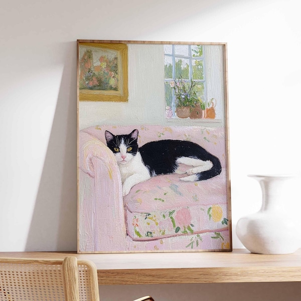 Vintage Cat Poster Print, Black and White Cat on Floral Sofa