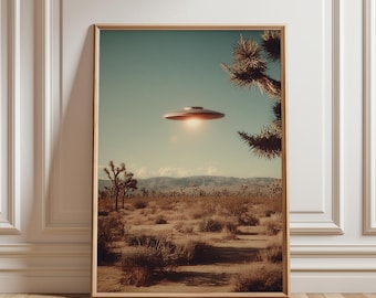 Poster con scena di UFO nel deserto, stampa di fantascienza vintage, arte paesaggistica retrò