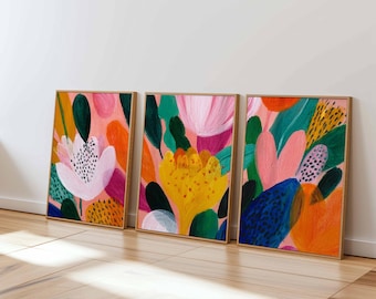 Conjunto de láminas florales abstractas, arte mural botánico moderno, decoración colorida para el hogar.