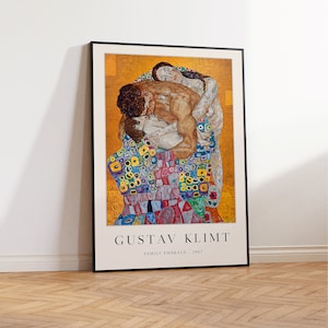May include: A framed poster of Gustav Klimt's painting "Family Embrace" from 1907. The painting depicts a family in an embrace, with the woman's body covered in colorful geometric patterns.