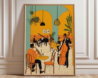 Könnte beinhalten: Ein gerahmter Kunstdruck zeigt eine Jazzclub-Szene. Die Illustration zeigt Musiker, die Instrumente spielen, darunter ein Saxophon, ein Klavier und ein Kontrabass. Die Farbpalette umfasst Orange, Gelb und Türkis und schafft eine warme und einladende Atmosphäre.