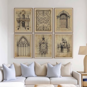 Può includere: Set di sei stampe architettoniche in stile vintage che presentano disegni dettagliati di una facciata di un edificio, un cancello, una torre dell'orologio, una finestra gotica, un castello e un portale. Le stampe sono in bianco e nero e hanno un aspetto usurato e antico.