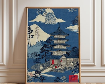 木版画 寺院風景 額装 ヴィンテージの日本の仏塔の木版画、寺院の風景画、リビングルームの