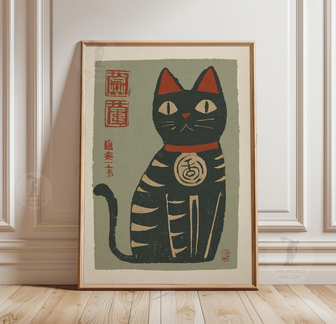 Maneki Neko Poster | Vintage Japanese Lucky Cat Wall Art, Fortune ...