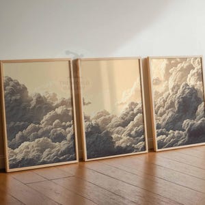 Juego de 3 impresiones de arte de pared con nubes para dormitorio, pósteres de nubes blancas y cielo beige, decoración vintage para el hogar, juego de 3 pósteres grandes, decoración de dormitorio