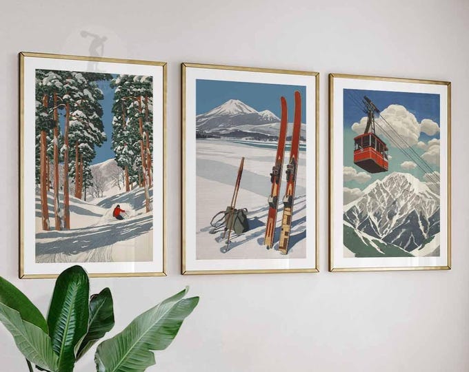 Japanese Ski Poster Set of 3 – Vintage Skiing Wall Art, Travel Wall Art, Scenic Japan Ski Slopes Prints, Winter Sports Wall Art, Gift Idea