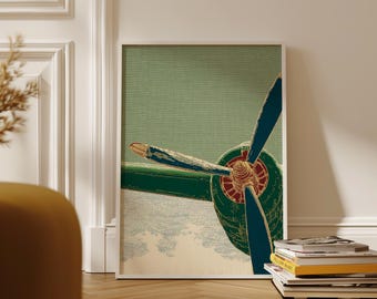 Vintage Airplane Propeller Art Print, Retro Aircraft Engine Illustration Poster