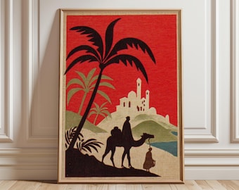 Vintage Sahara Reiseplakat, rote Sonnenuntergang-Kamel-Wüsten-Kunst