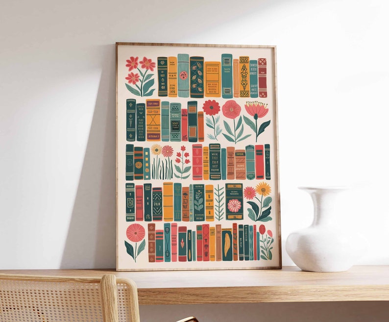 Vintage Bookshelf Poster, Floral Library Art, Reading Room Decor image 1
