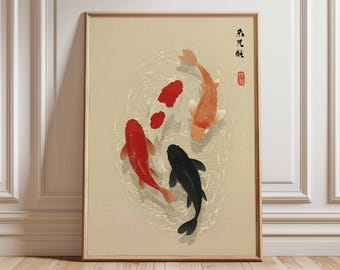 Japanese Koi Fish Poster, Minimalist Asian Wall Art, Zen Water Painting, Japandi Decor, Tranquil Pond Print, Modern Oriental Artwork