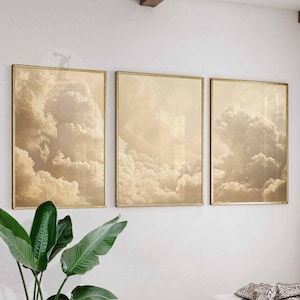 Beige Clouds Bedroom Wall Art Set of 3 Prints, White Clouds Beige Sky Posters, Vintage Home Decor, Set of 3 Large Poster Art, Bedroom Decor