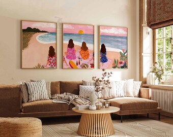 Beach Picnic Art Print Set, Coastal Sunset With Friends, Summer