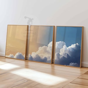 Juego de 3 impresiones de arte de pared con nubes para dormitorio, pósteres de nubes blancas y cielo beige, decoración vintage para el hogar, juego de 3 pósteres grandes, decoración de dormitorio