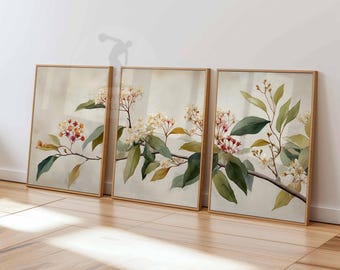 1889 アンティーク植物リトグラフ - 3 枚セット、ヴィンテージ花柄