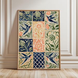 Patchwork Swallow Bird Print | Arts And Crafts Wall Art | Botanical Tile Poster