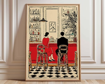 Romantic Bar Scene Art Print, Vintage Couple Poster, Retro Cocktail Bar Wall Art, Modern Line Illustration, Unframed Home Decor
