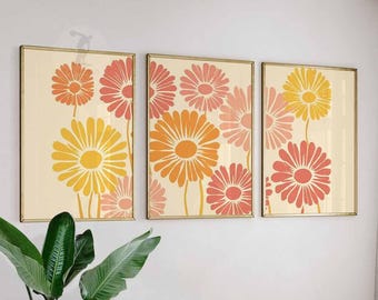 Retro Floral Wall Art Prints, Orange Yellow Flowers, Set of 3