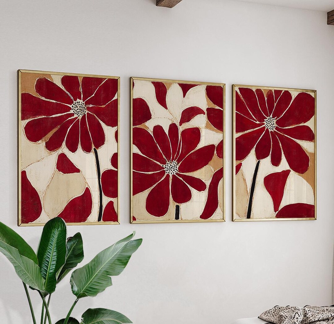 Red Abstract Floral Wall Art Posters Set of 3 | Modern Botanical ...