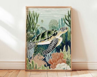 May include: A framed art print featuring a sea turtle swimming in a vibrant underwater scene. The turtle has a green and white shell with black markings. The artwork includes coral, seaweed, and other aquatic plants in shades of green, orange, and blue.