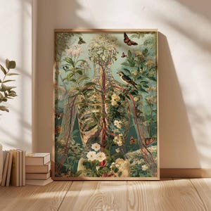 Pu&ograve; includere: Una stampa artistica incorniciata con un'illustrazione anatomica vintage di un torso umano, sovrapposta a elementi botanici. L'opera d'arte include farfalle, fiori e un uccello, su uno sfondo verde e blu tenue. La cornice &egrave; color legno chiaro.