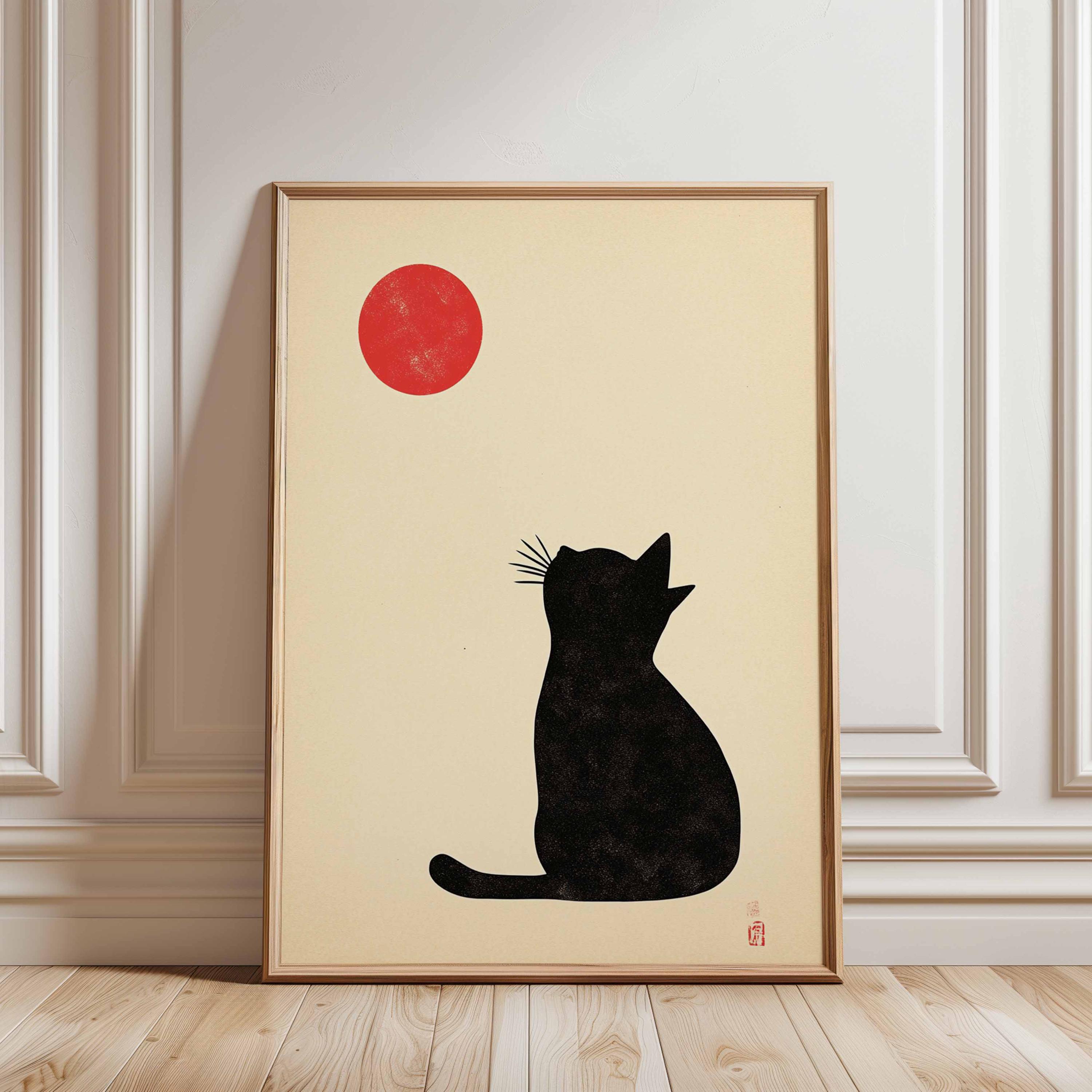Minimalist Black Cat Wall Art Print, Japanese Style Poster With Red Sun ...