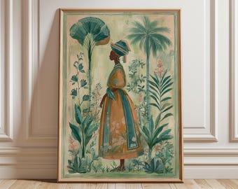 Lámina artística Mujer Tropical, póster botánico vintage de la selva.