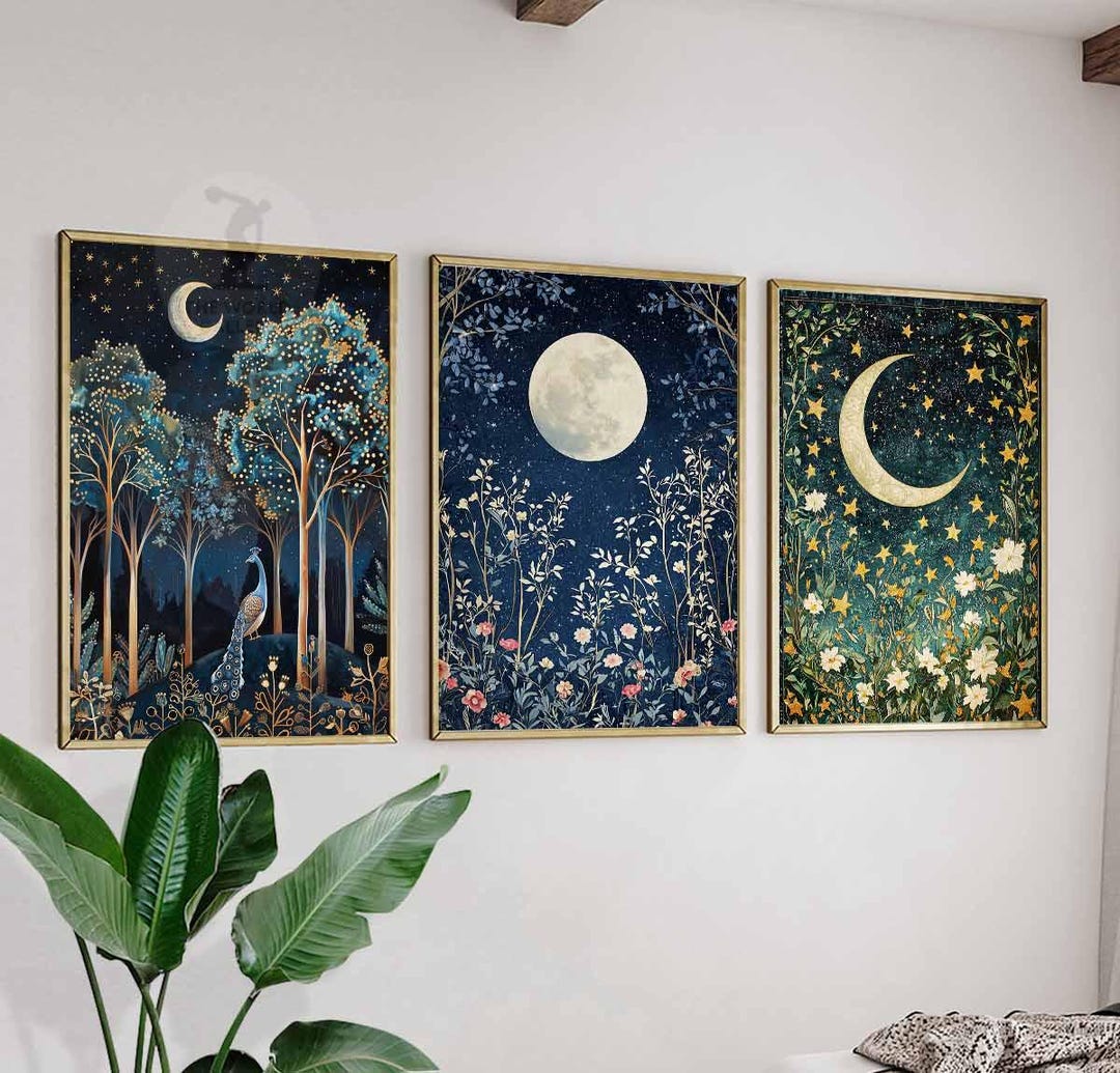 William Morris Moon Art Print Set, Night Sky Botanical Decor - Etsy