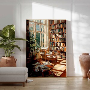 May include: An artistic painting of a cozy library scene. The artwork depicts a sunlit room with a large window, bookshelves, a comfortable armchair, and a small table with books and a cup of coffee. A large potted plant and decorative vases are also present.