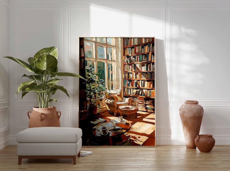 May include: An artistic painting of a cozy library scene. The artwork depicts a sunlit room with a large window, bookshelves, a comfortable armchair, and a small table with books and a cup of coffee. A large potted plant and decorative vases are also present.