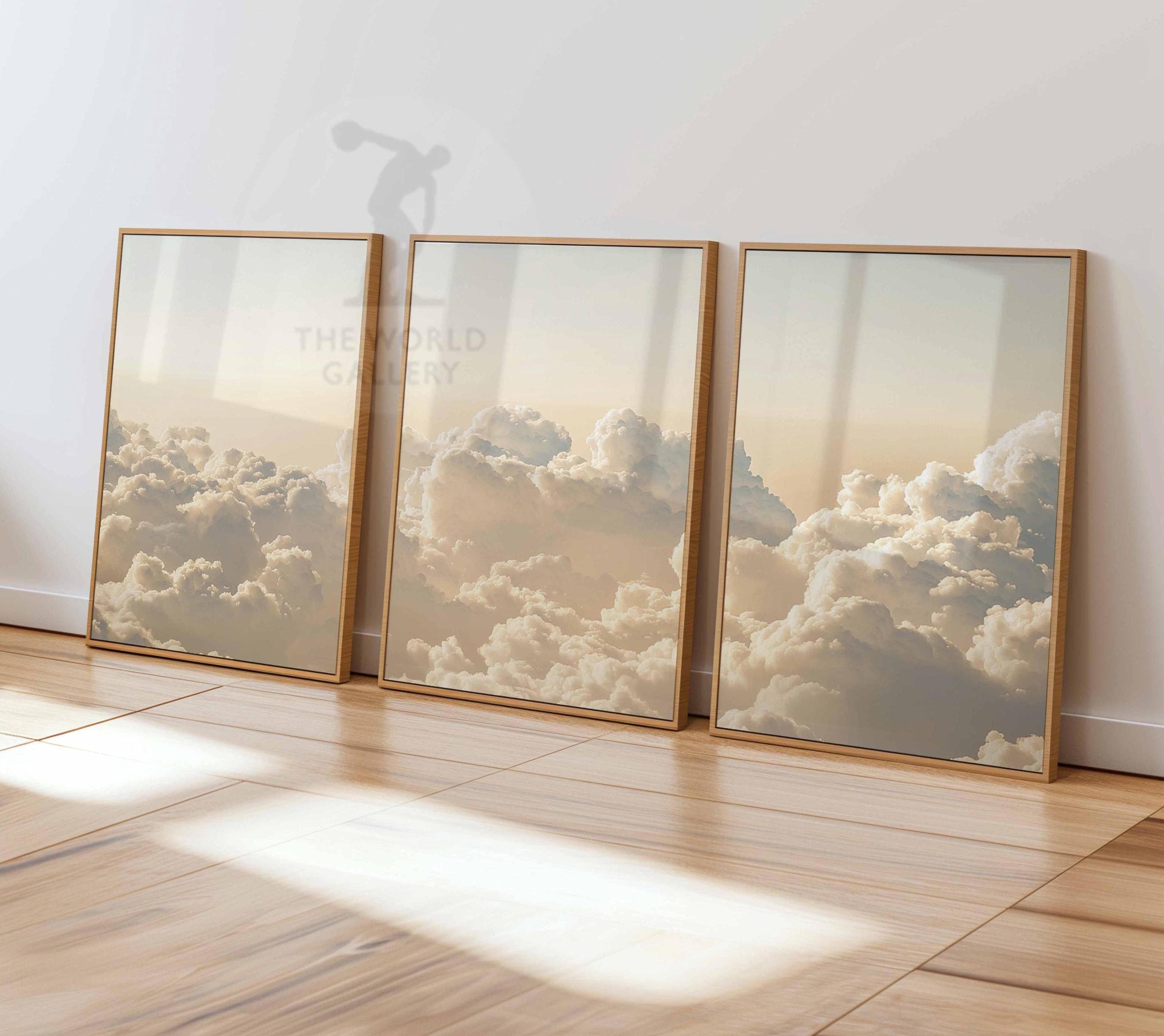 Beige Clouds Bedroom Wall Art Set of 3 Prints, White Clouds Beige Sky Posters, Vintage Home Decor, Set of 3 Large Poster Art, Bedroom Decor
