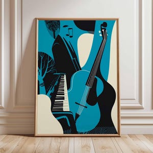 Jazz Music Wall Art, Abstract Musician Poster with Piano and Guitar, Modern Blue Music Room Decor