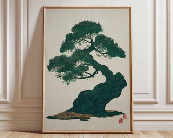 Japanese Bonsai Tree Print, Minimalist Line Art, Zen Home Decor