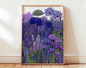紫色の花園ポスター、植物学的なアリウムとラベンダーのプリント