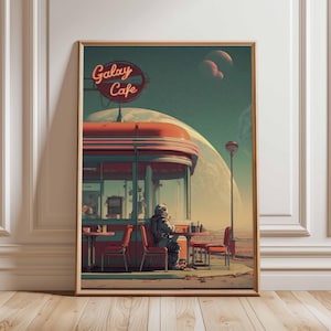 Póster retro de ciencia ficción, decoración cósmica surrealista de los años 70, póster espacial futurista, impresión de paisaje vintage, obra de arte espacial para dormitorio y sala de estar.