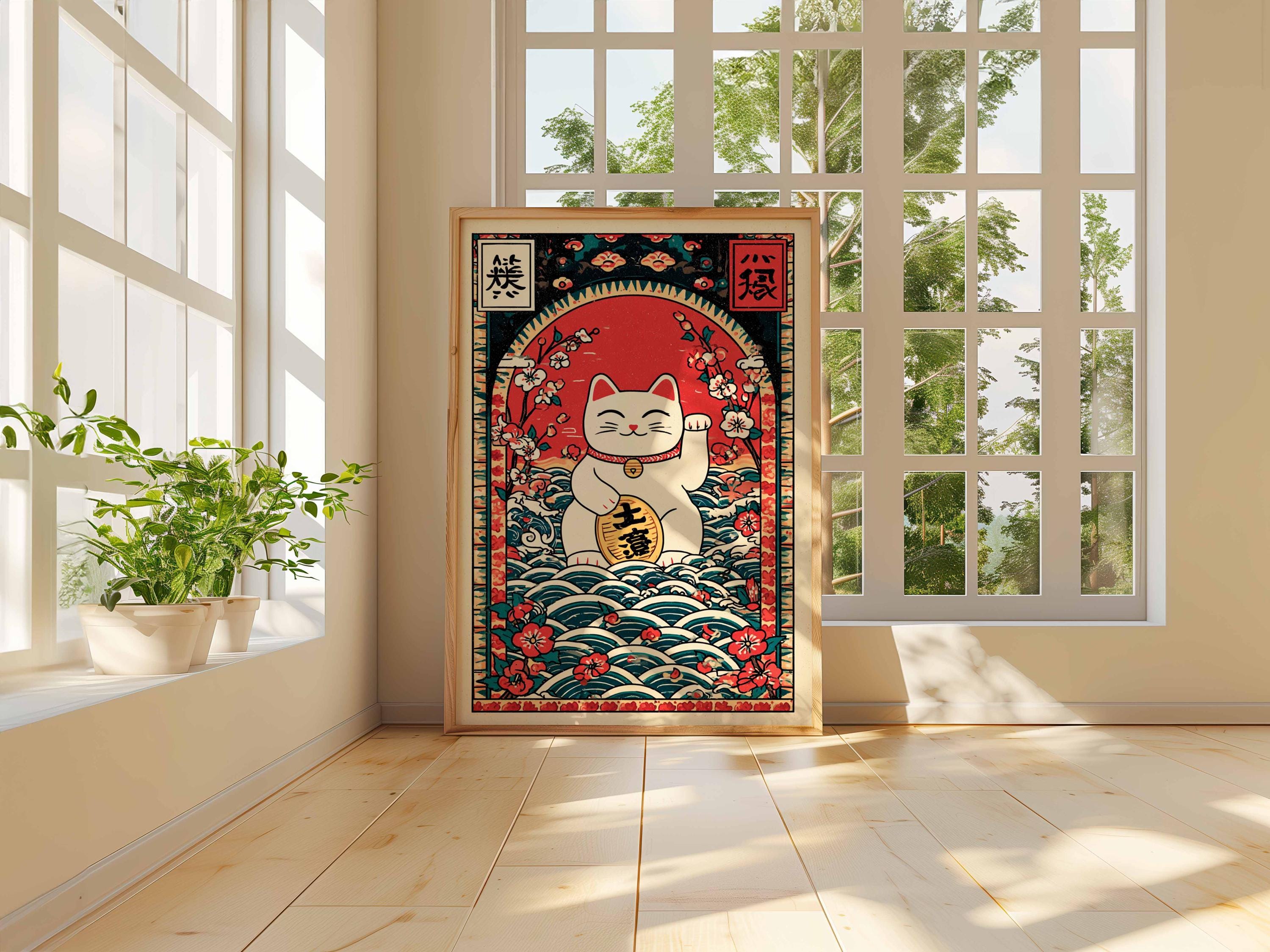 Lucky Cat Poster, Japanese Maneki Neko Wall Art, Red and Gold Fortune ...