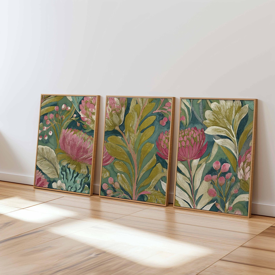 Botanical Wall Art Set of 3, Vintage Protea Floral Prints, Green and ...