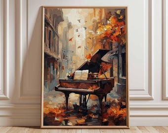May include: A framed art print depicts a grand piano in an autumn scene. The artwork features a brown piano with open sheet music, set against a backdrop of a city street with falling leaves in shades of orange, brown, and yellow.