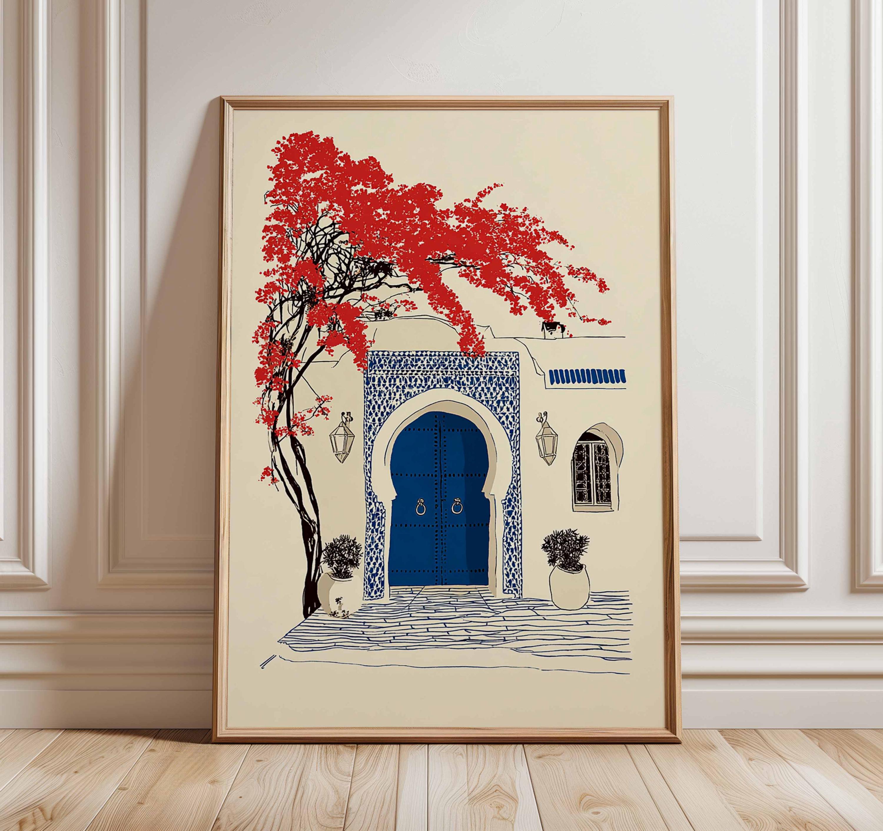 Moroccan Blue Door Art Print, Red Flowers, Boho Travel Decor - Etsy