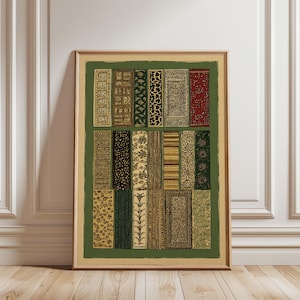 Grönt textilmönsterposter | Vintage mattmotivkonst | Geometrisk lapptäckedesign