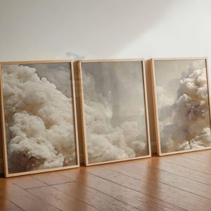 Juego de 3 impresiones de arte de pared con nubes para dormitorio, pósteres de nubes blancas y cielo beige, decoración vintage para el hogar, juego de 3 pósteres grandes, decoración de dormitorio