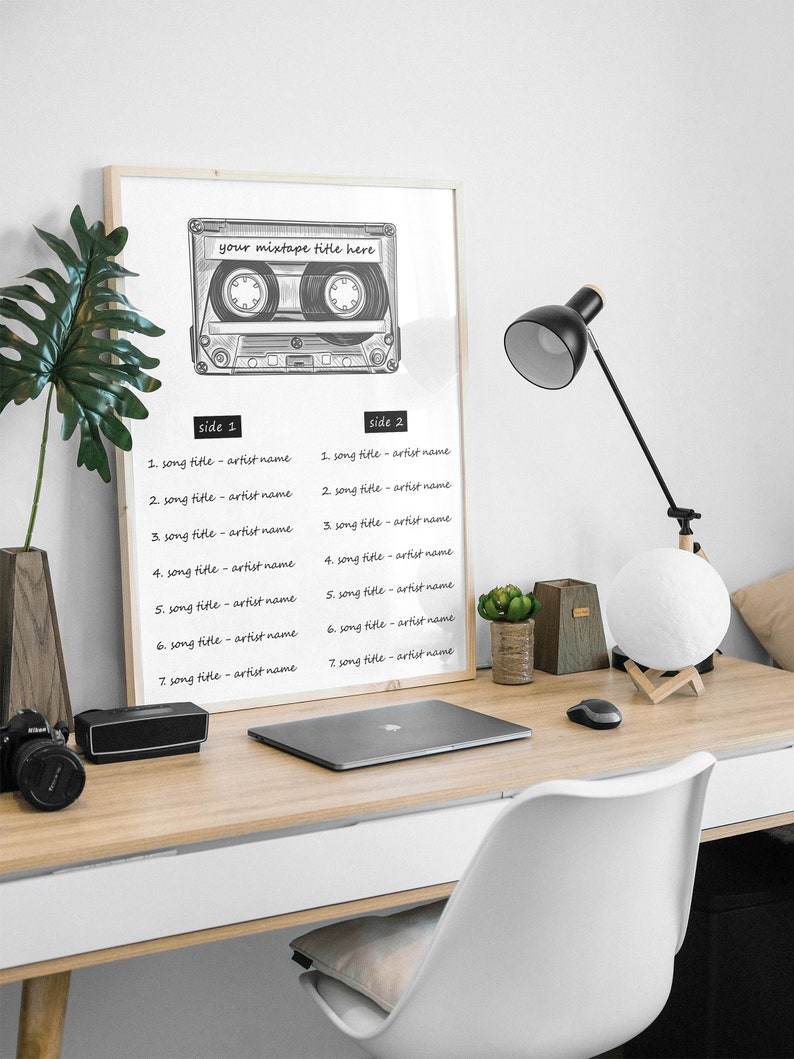 Give your home a vintage vibe with personalized retro music art. It’s a basic yet elegant artwork fitting for every decor style. It enables you to be a DJ that can create a mixtape for your own music corner by listing your favorite songs and artists.