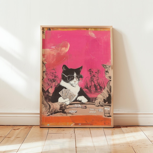 Cat Poker Poster | Pink Background Playing Cards Illustration | Modern Graphic Wall Art