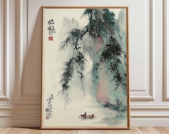 Könnte beinhalten: Gerahmtes Kunstwerk im asiatischen Stil mit einer ruhigen Landschaft. Das Gemälde zeigt eine Berglandschaft mit einem Ast im Vordergrund, in Grün-, Blau- und Rosatönen. Zwei kleine Figuren befinden sich in einem Boot am unteren Rand. Das Kunstwerk befindet sich in einem Holzrahmen.